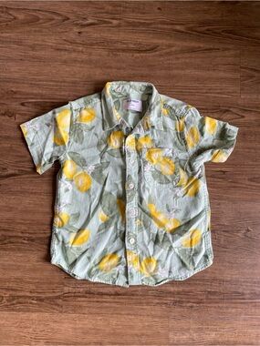 Old Navy Boys Linen Green Short-Sleeve Button-Up Shirt with Yellow Lemon Print